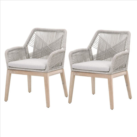 Arm Chair with Woven Rope Back, Set of 2, Brown and Gray By Casagear Home