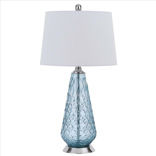 Table Lamp with Tear Drop Pattern Glass Base, White and Blue By Casagear Home