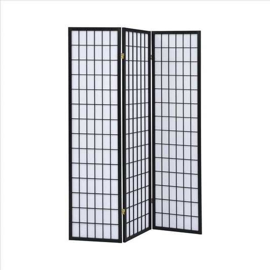 3 Panel Screen with Grid Design Wooden Frame, Black By Casagear Home