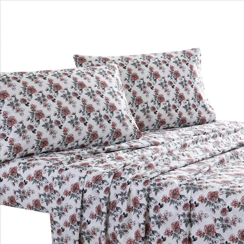 Veria 4 Piece Cal King Sheet Set | Rose Print | White | Pink