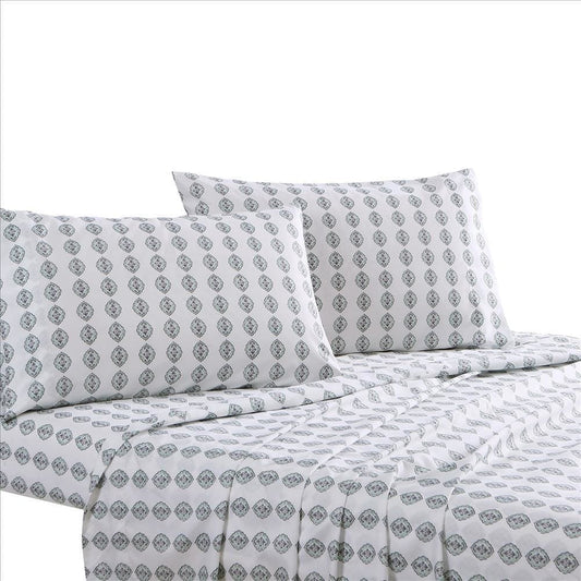 Veria 4 Piece King Bedsheet Set with Quatrefoil Print White and Gray By Casagear Home