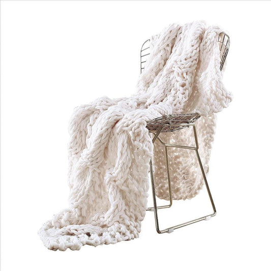 Veria Throw Blanket with Hand Knitted Acrylic Fabric The Urban Port, Cream By Casagear Home