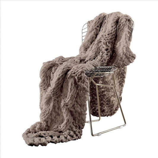 Veria Throw Blanket with Hand Knitted Acrylic Fabric, Taupe Brown By Casagear Home