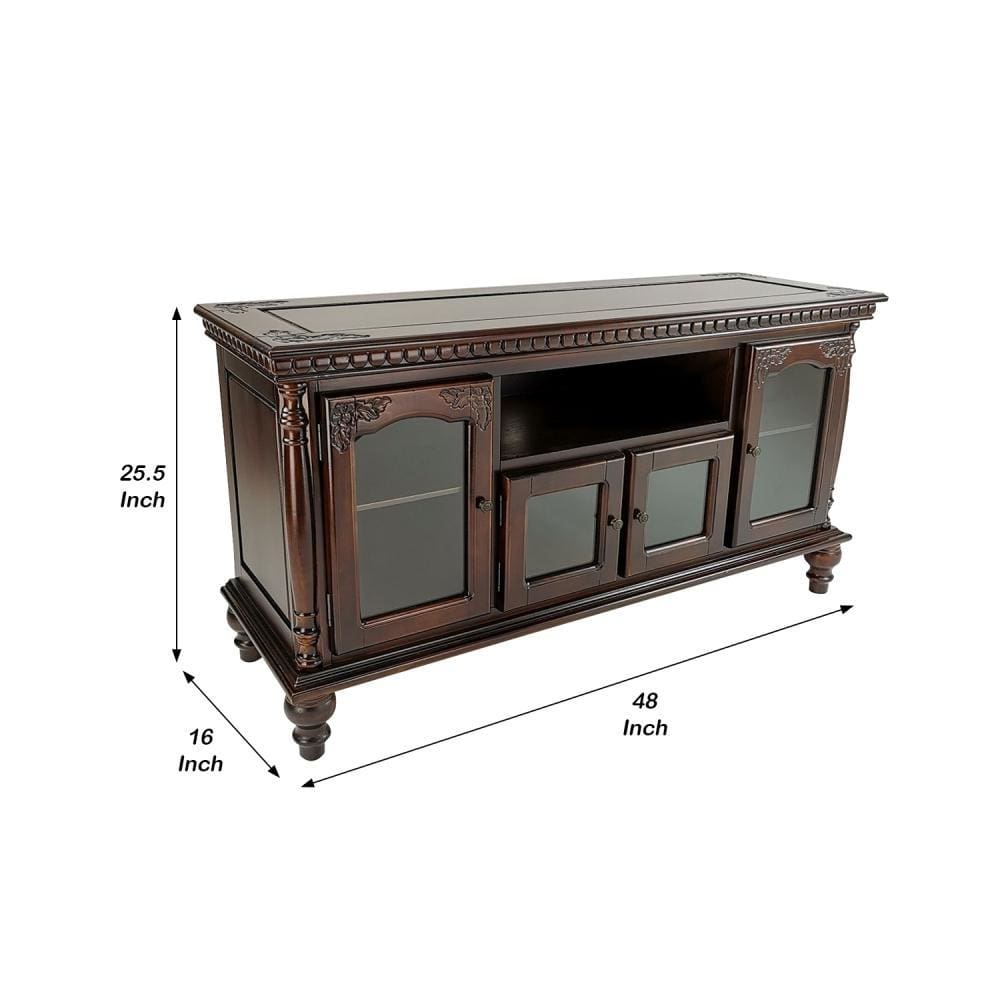 TV Stand with 4 Glass Doors and Turnip Feet Brown By Casagear Home BM245834