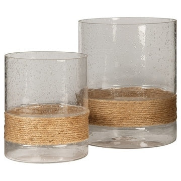 Candle Holder with Seeded Glass Hurricane and Rope, Set of 2,  Clear By Casagear Home