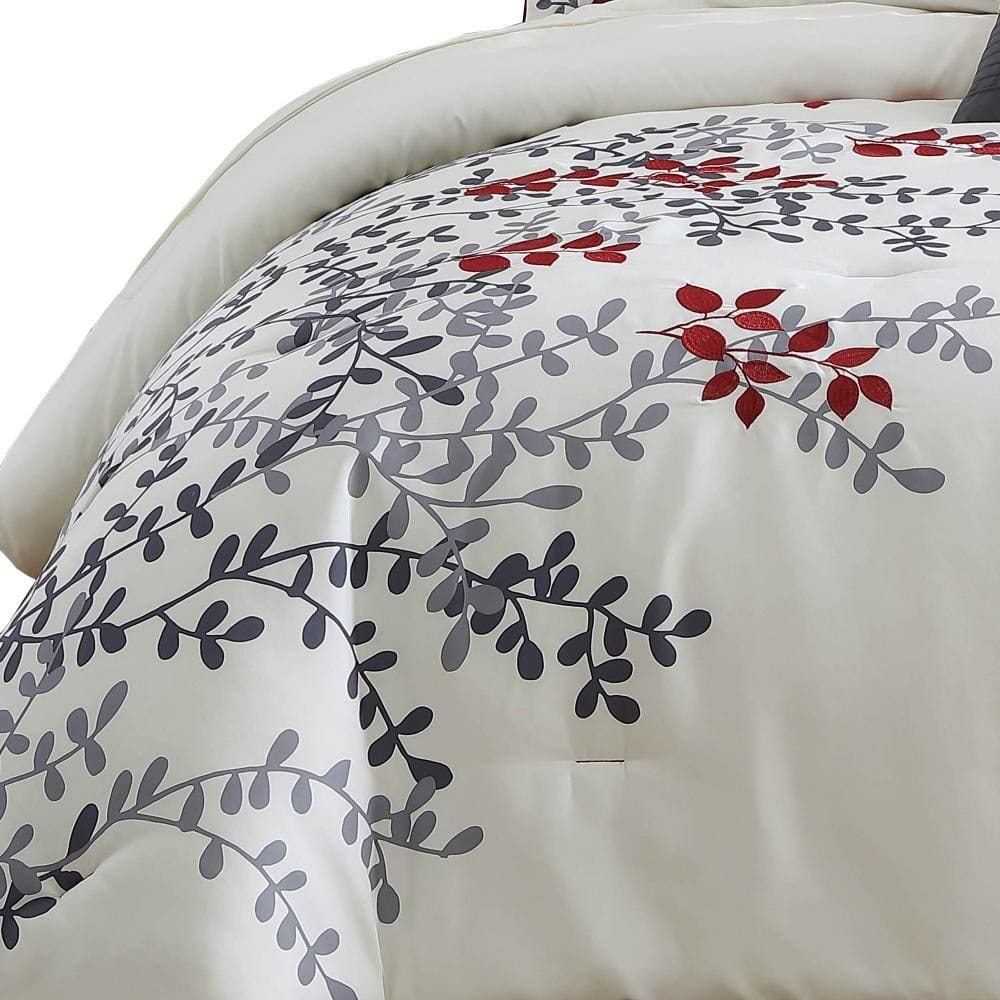 7 Piece Queen Comforter Set with Leaf Embroidery Cream and Gray By Casagear Home BM247004