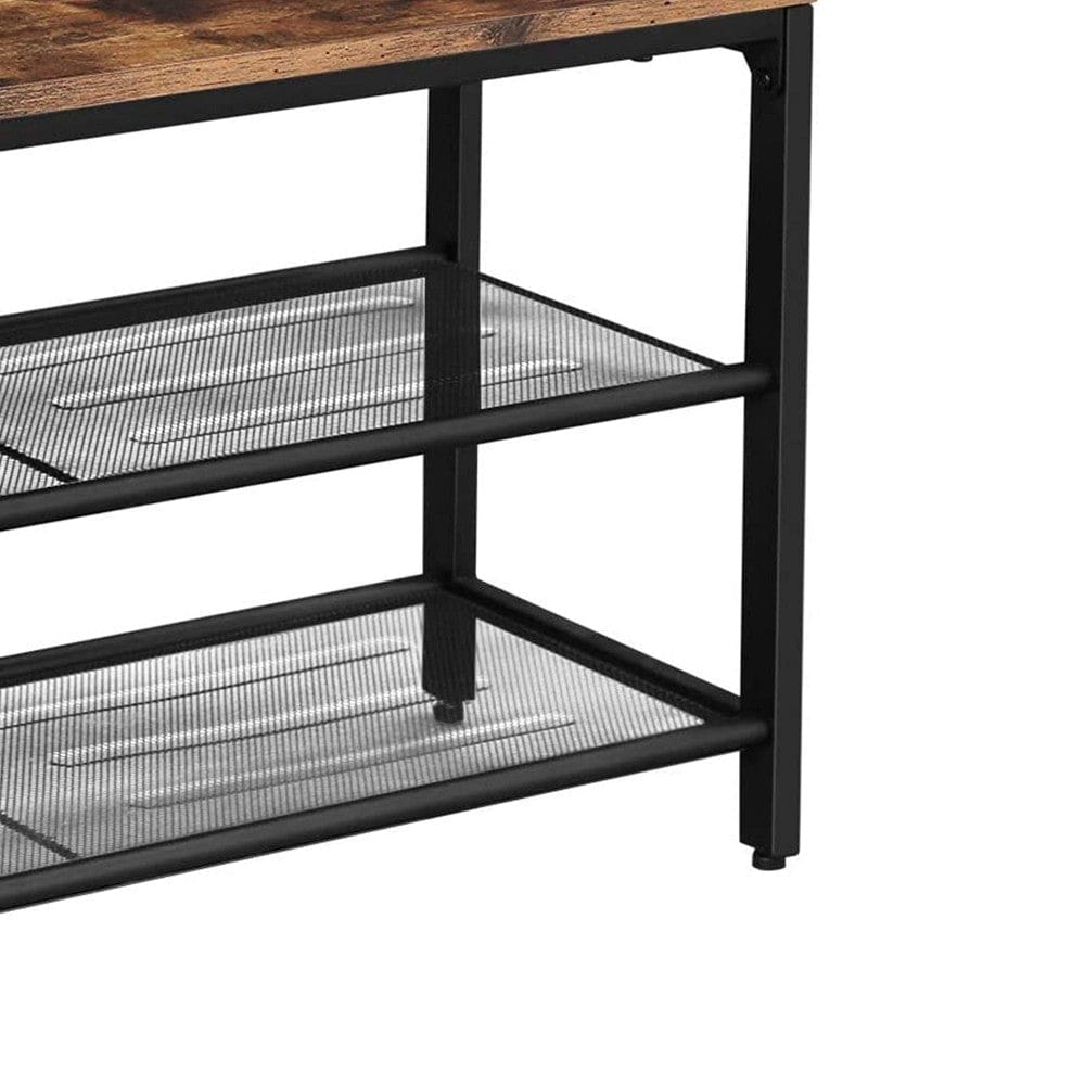 Wooden Shoe Bench with 2 Open Mesh Shelves Brown and Black By Casagear Home BM248132