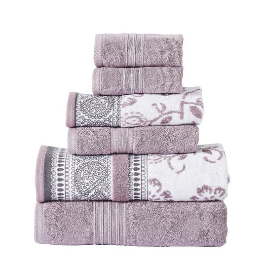 Veria 6 Piece Towel Set with Paisley and Floral Motif Pattern, Purple By Casagear Home