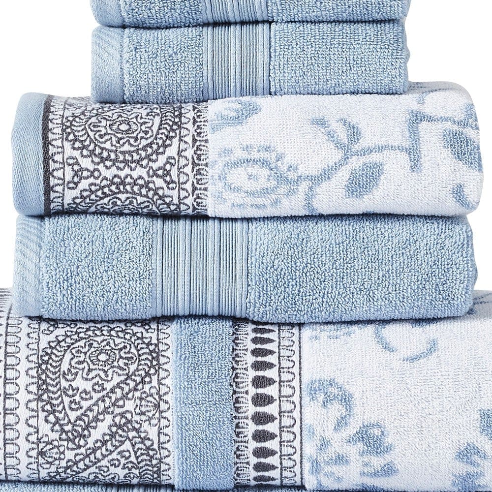 Veria 6 Piece Towel Set with Paisley and Floral Pattern The Urban Port Blue By Casagear Home BM250062