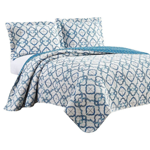 Veria 3 Piece Quilt Set | Queen | Embroidery | White | Blue