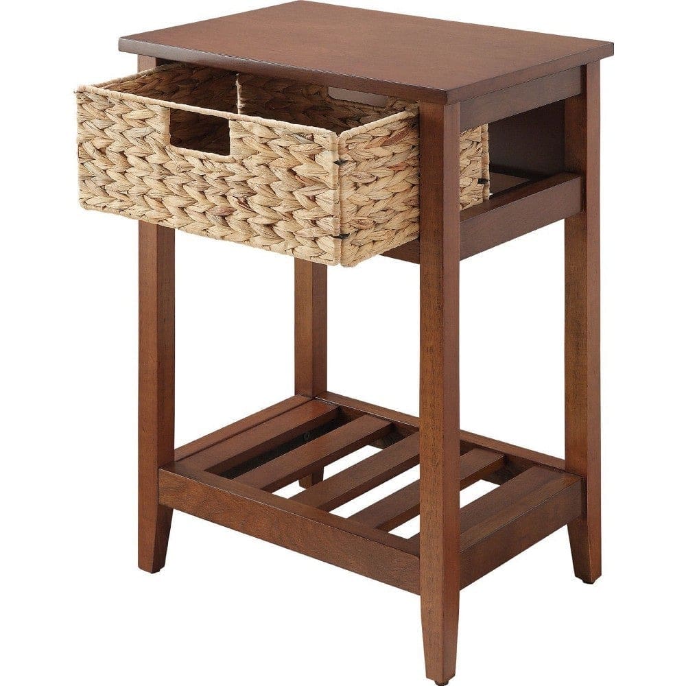 MDF Accent Table with Rattan Storage Basket and Slatted Shelf Brown By Casagear Home BM250178