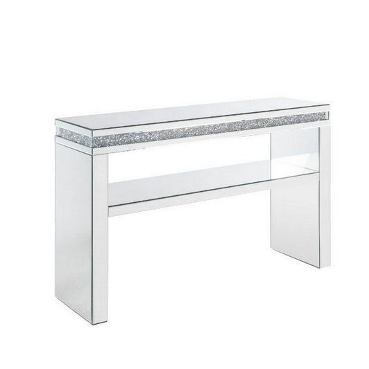 Sofa Table with Mirror Panel Frame and 1 Glass Shelf, Silver By Casagear Home