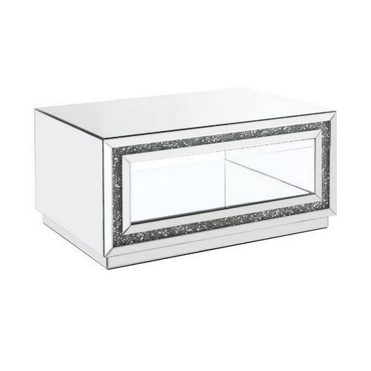 Coffee Table with Mirror Framing and Faux Diamonds, Silver By Casagear Home