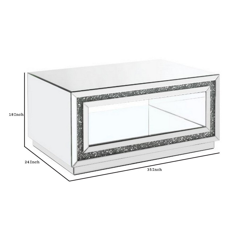Coffee Table with Mirror Framing and Faux Diamonds Silver By Casagear Home BM250657