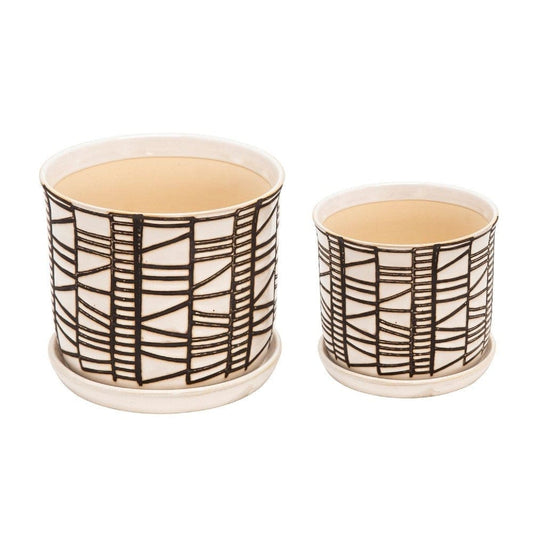 Planter with Saucer and Abstract Design, Set of 2, White and Brown By Casagear Home