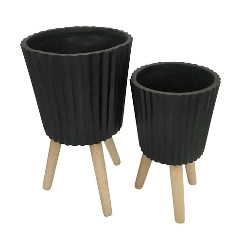 Arlo Planter Set | Ridged Design | Wood Legs | Black & Brown