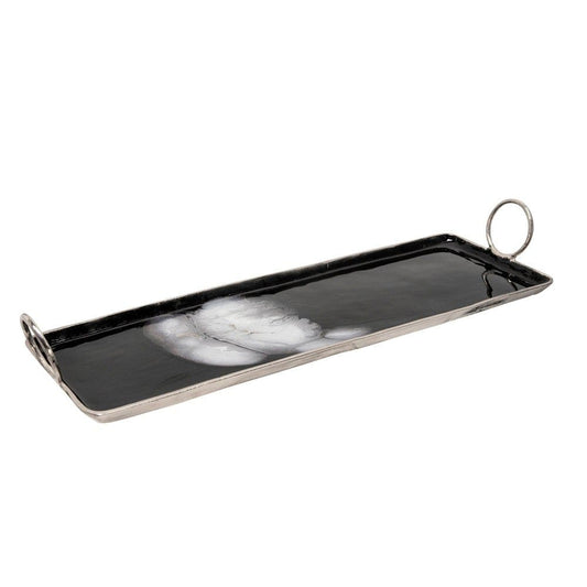 Tray with Metal and Ring Handles, Black and Silver By Casagear Home
