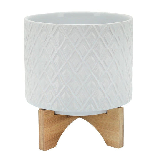 Ceramic Planter with Diamond Pattern and Wooden Stand, White By Casagear Home