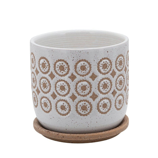 Ceramic Planter with Floral Motif Pattern and Saucer, Beige and White By Casagear Home