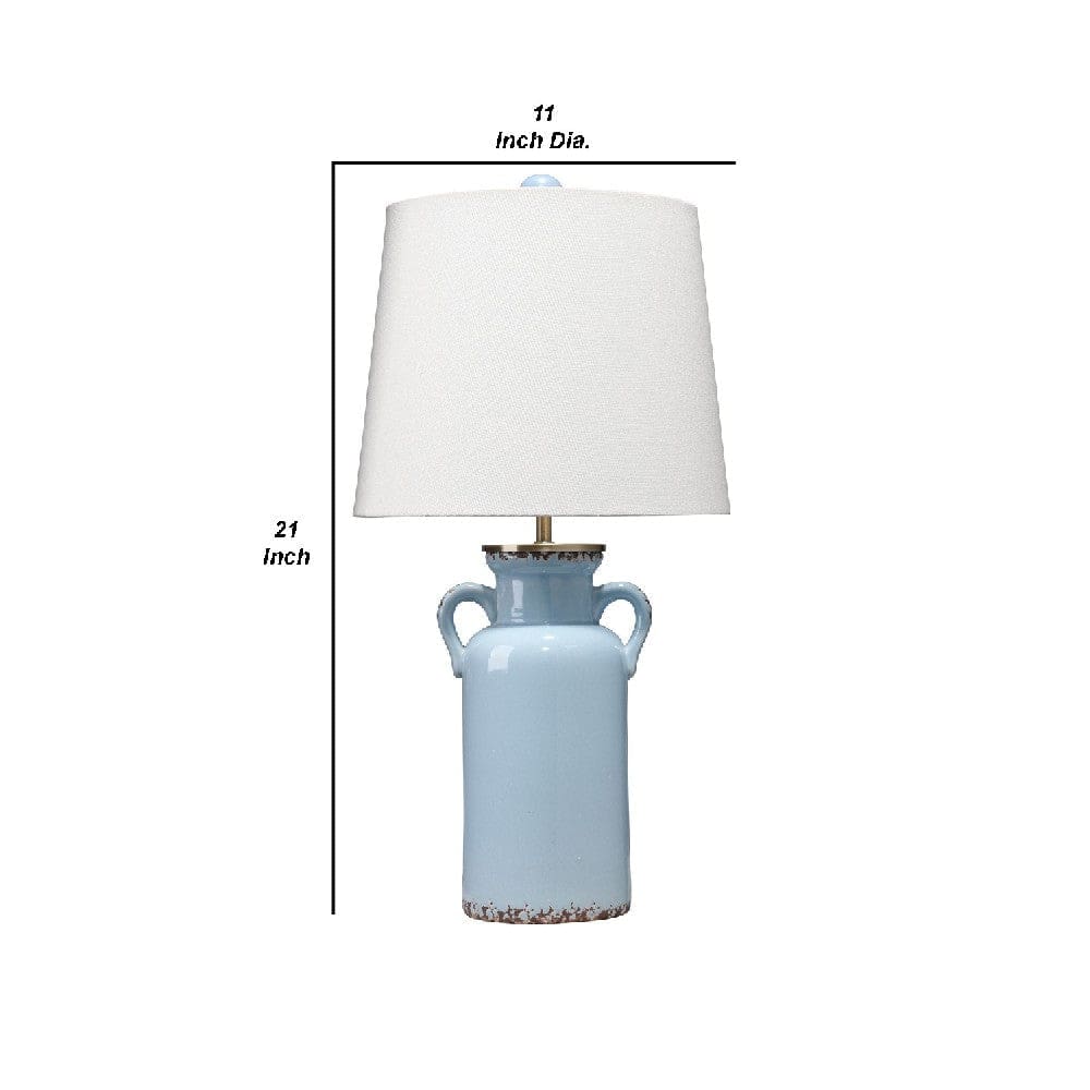 21 Inch Ceramic Table Lamp with Handles White and Blue By Casagear Home BM272365