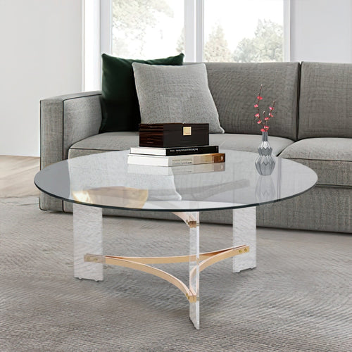 Hale Coffee Table | 41" Round | Glass Top | Clear & Gold