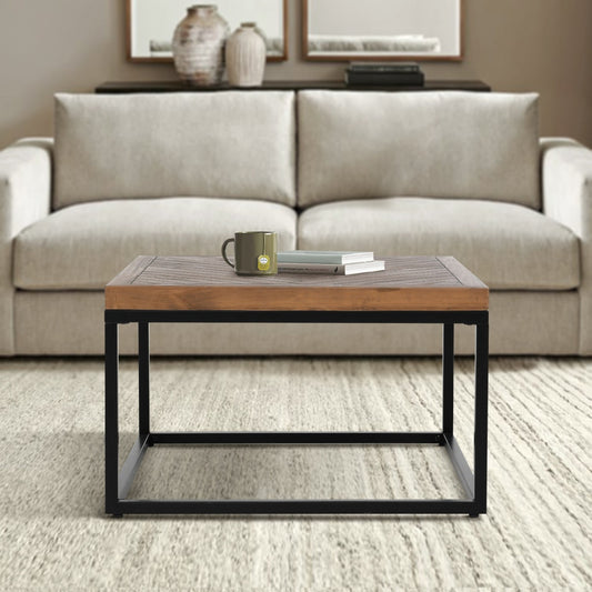 Nat 30 Inch Solid Wood Square Coffee Table, Herringbone, Brown, Black By Casagear Home