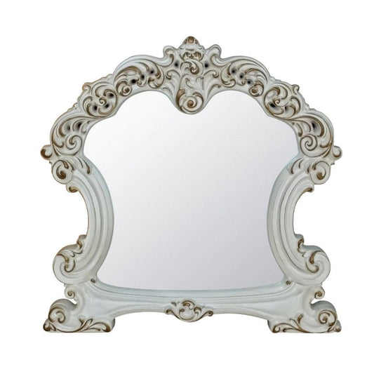Jess 47 Inch Classic Mirror, Beveled Scrolled Carved Trim, Wood, White By Casagear Home