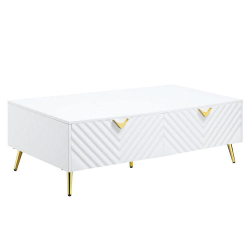 Tyra Coffee Table | 53" | 2 Drawer | Metal Handles | White & Gold