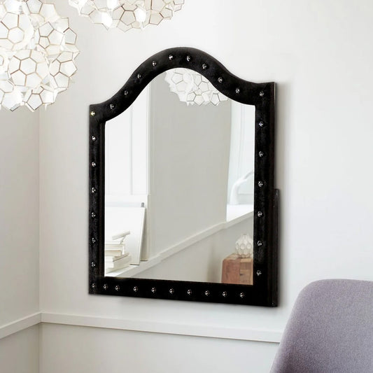 44 Inch Wall Mirror, Velvet Wrapping, Button Tufting, Black By Casagear Home