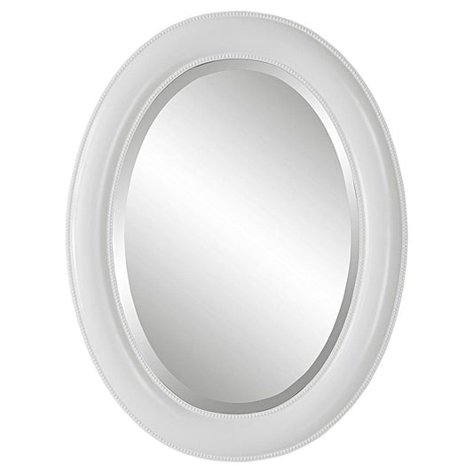 29 Inch Wood Wall Mirror, Beaded Oval Shape, White By Casagear Home