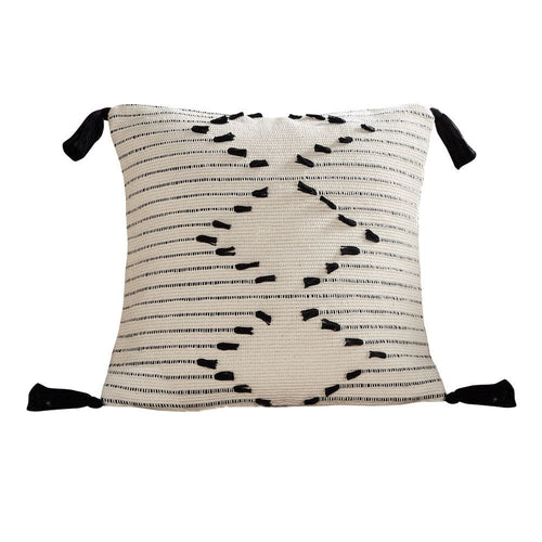 Throw Pillow Cover | 18" | Black Embroidery | Tassels | White