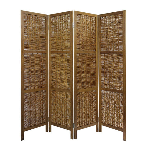 Room Divider | 68" | 4 Panel | Willow Weave | Cottage Style | Brown