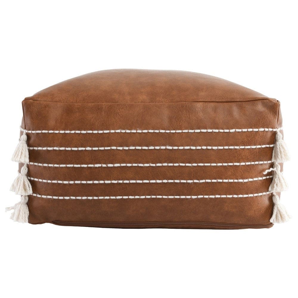 24 Inch Square Vegan Faux Leather Pouf Yarn Embroidery Tassels Brown By Casagear Home BM276949
