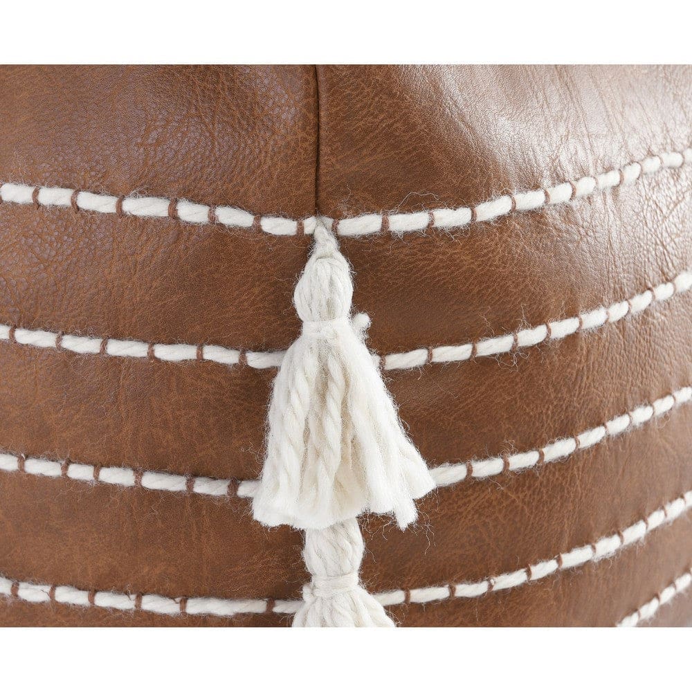 24 Inch Square Vegan Faux Leather Pouf Yarn Embroidery Tassels Brown By Casagear Home BM276949