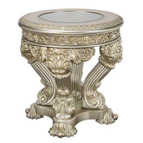 Abel End Table | 33" Round | Floral Carved Base | Champagne