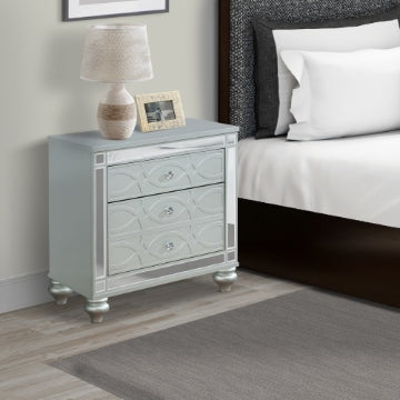 Gina 29 Inch Modern Glam Nightstand, Round Crystal Knobs, USB Ports, Silver By Casagear Home