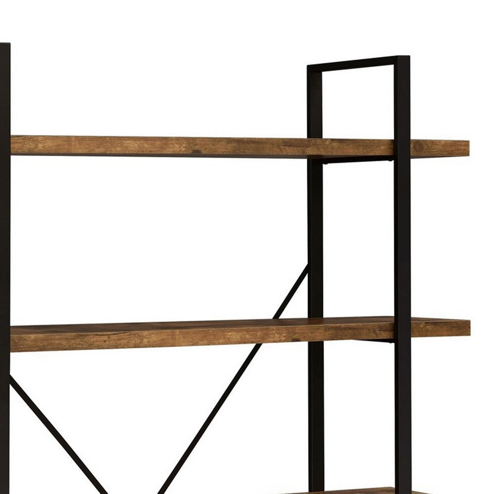 Ana 70 Inch Wood Bookcase 5 Shelves Crossed Metal Design Rustic Brown By Casagear Home BM280488