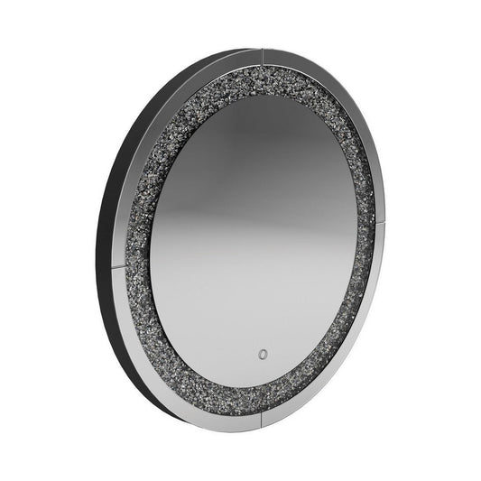 Theo 32 Inch Modern Vanity Wall Mirror, Round, Crystal Frame, Glass, Silver By Casagear Home