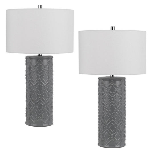 29 Inch Accent Table Lamp Set of 2, Tall Cylinder, Ball Finial Accent, Gray By Casagear Home