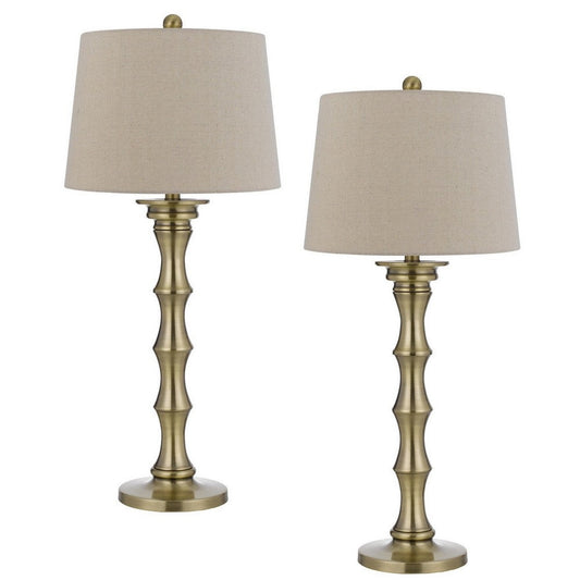 Noah 32 Inch Accent Table Lamp Set of 2, Turned Pedestal, Antique Brass By Casagear Home