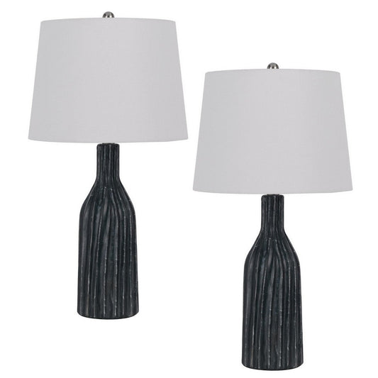 25 Inch Set of 2 Artisanal Ceramic Accent Table Lamp, Fluted, Grayed Black By Casagear Home
