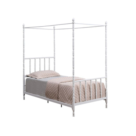 Modern Metal Twin Size Canopy Bed, Spindled Turned Posts, Classic White By Casagear Home
