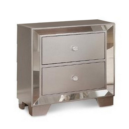 Eli 23 Inch Deluxe 2 Drawer Nightstand, Mirrored Trim, Wood Frame, Silver By Casagear Home