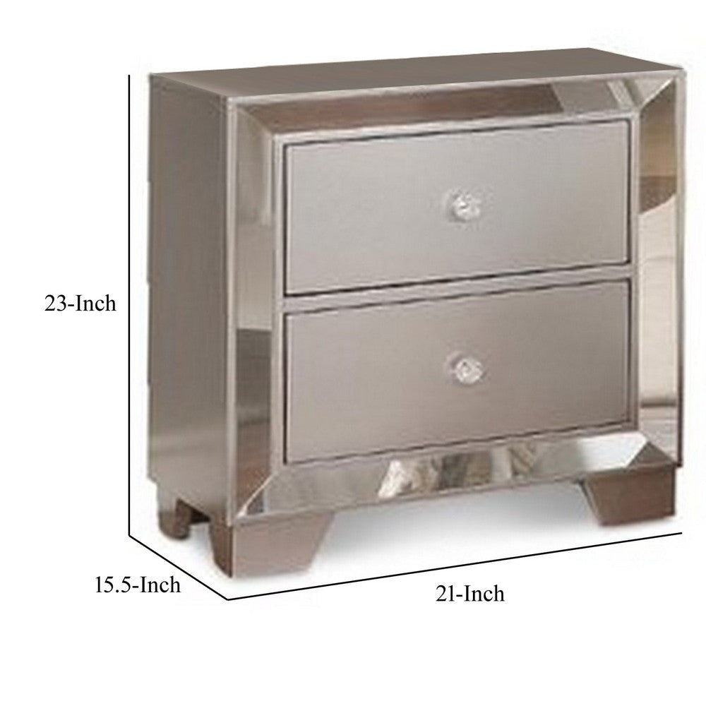Eli 23 Inch Deluxe 2 Drawer Nightstand Mirrored Trim Wood Frame Silver By Casagear Home BM283195