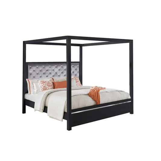 Abrie Solid Wood Canopy Queen Bed, Button Tufted, Touch LED, Dark Gray By Casagear Home