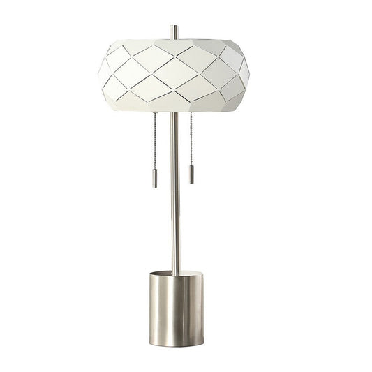 28 Inch Accent Table Lamp, Geometric Drum Shade, Metal Base, White, Silver By Casagear Home