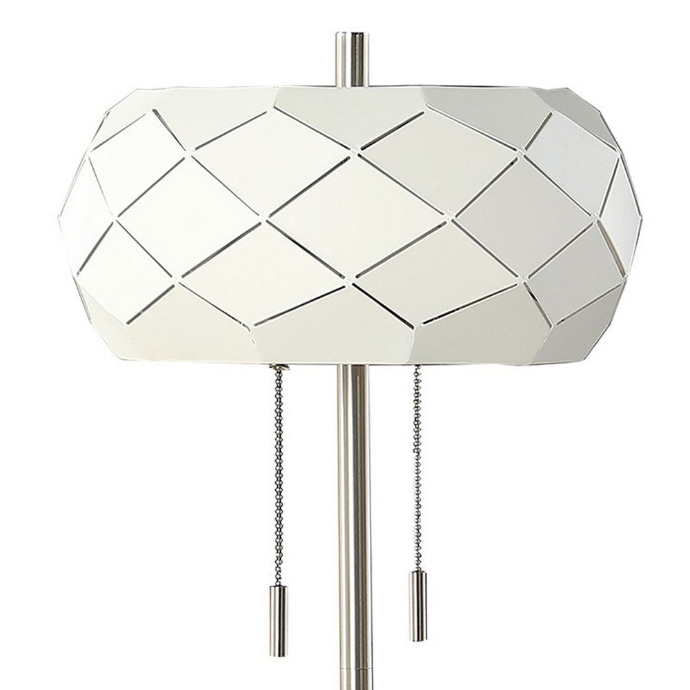 28 Inch Accent Table Lamp Geometric Drum Shade Metal Base White Silver By Casagear Home BM283263