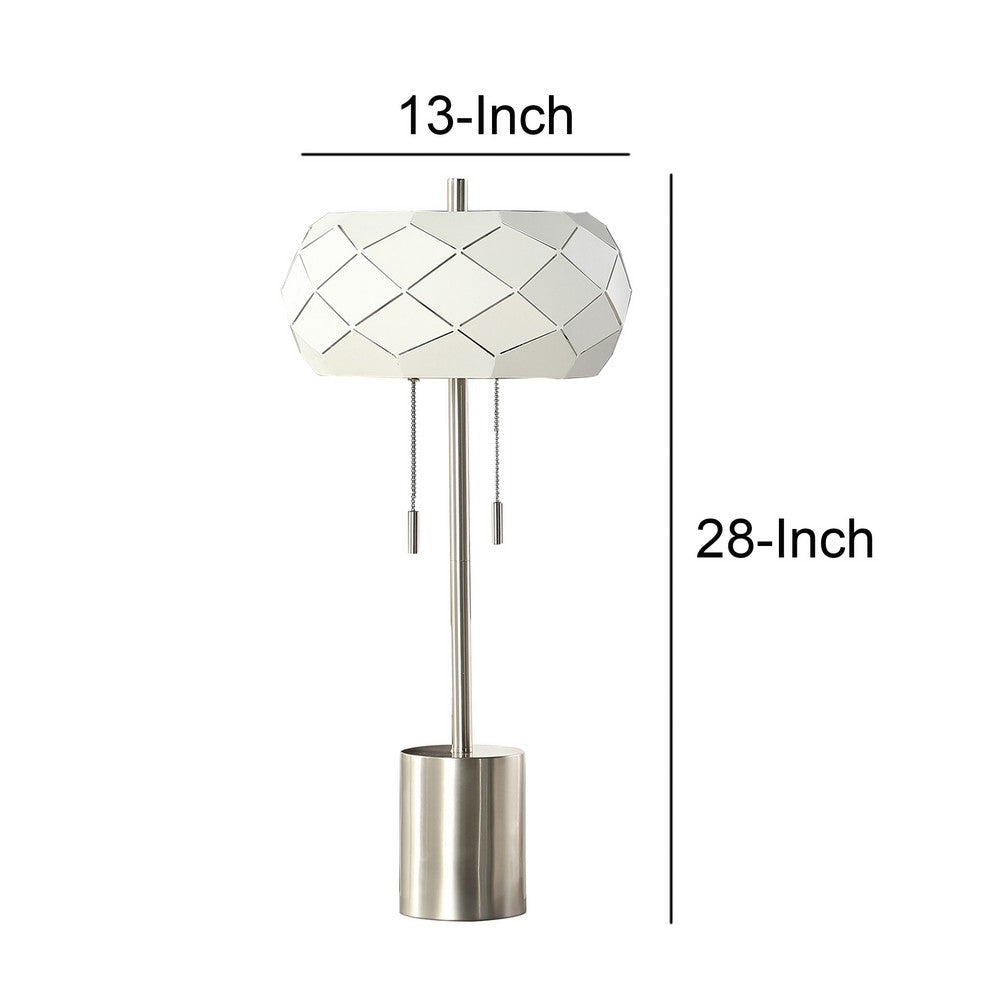 28 Inch Accent Table Lamp Geometric Drum Shade Metal Base White Silver By Casagear Home BM283263