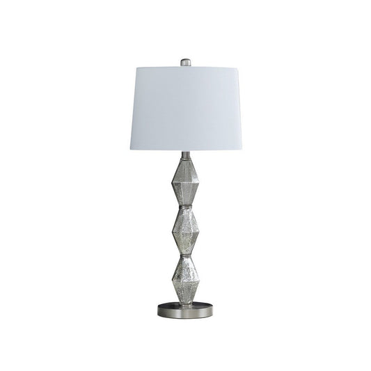 Ruth 30 Inch Accent Table Lamp, Glass Diamond Pedestal Base, White, Silver By Casagear Home