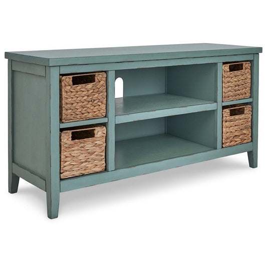 Anya 47 Inch Rustic TV Entertainment Console,  Open Shelf, 4 Baskets, Blue By Casagear Home